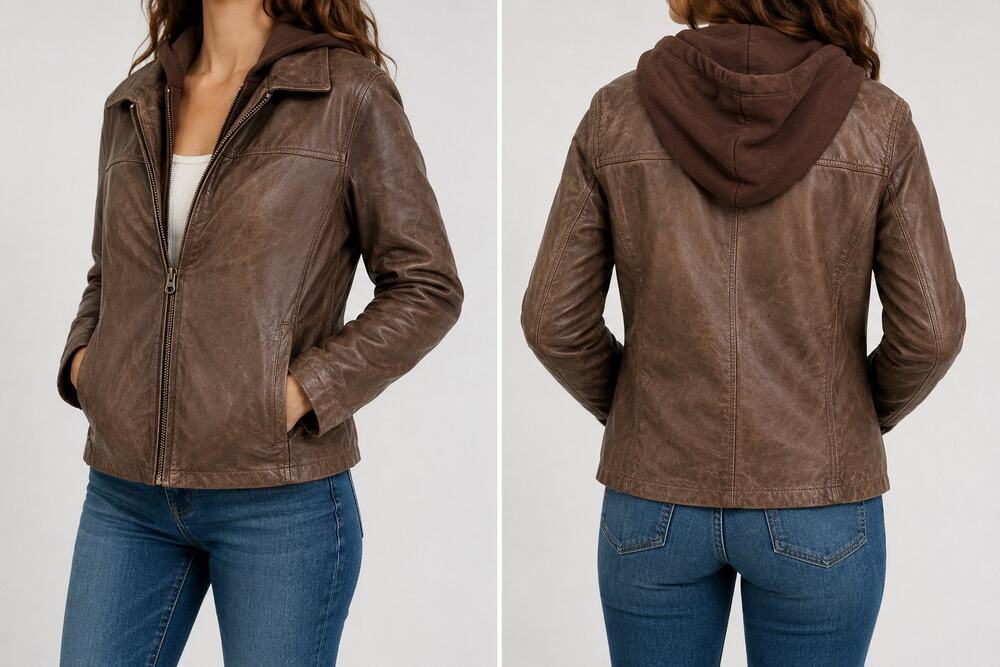Black Rivet Brown Genuine Leather Jacket Removable Hood Zip Front Women's M